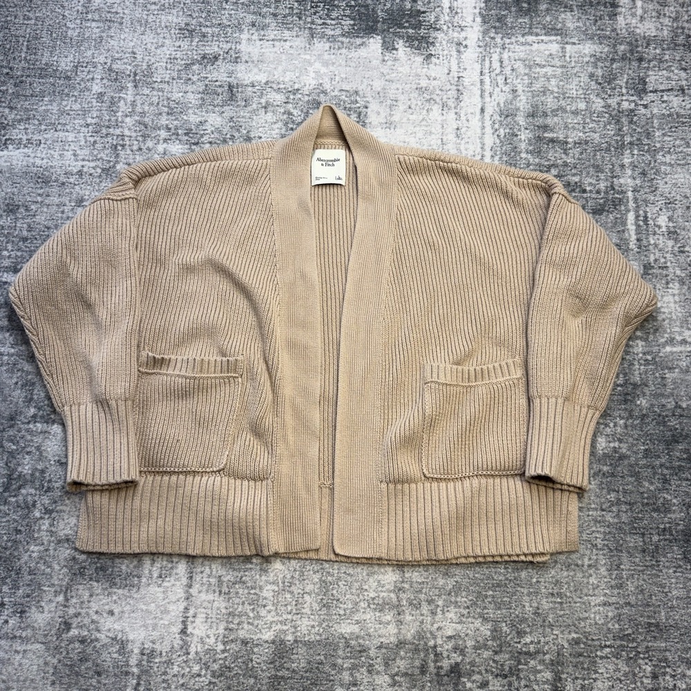 Abercrombie & Fitch Sweater Womens Large Beige Chunky Knit Open Cardigan Boxy